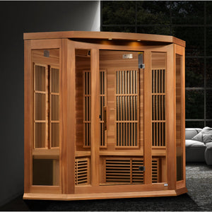 Maxxus 3-Person Corner Near Zero EMF Red Cedar Infrared Sauna 9 Pure Tech Carbon Heaters and Built-in Speakers with Bluetooth and MP3